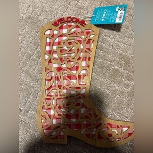 Pioneer Woman Spring Welcome Cowboy Boot Red Plaid Wood Cutout Wall Decor 11’